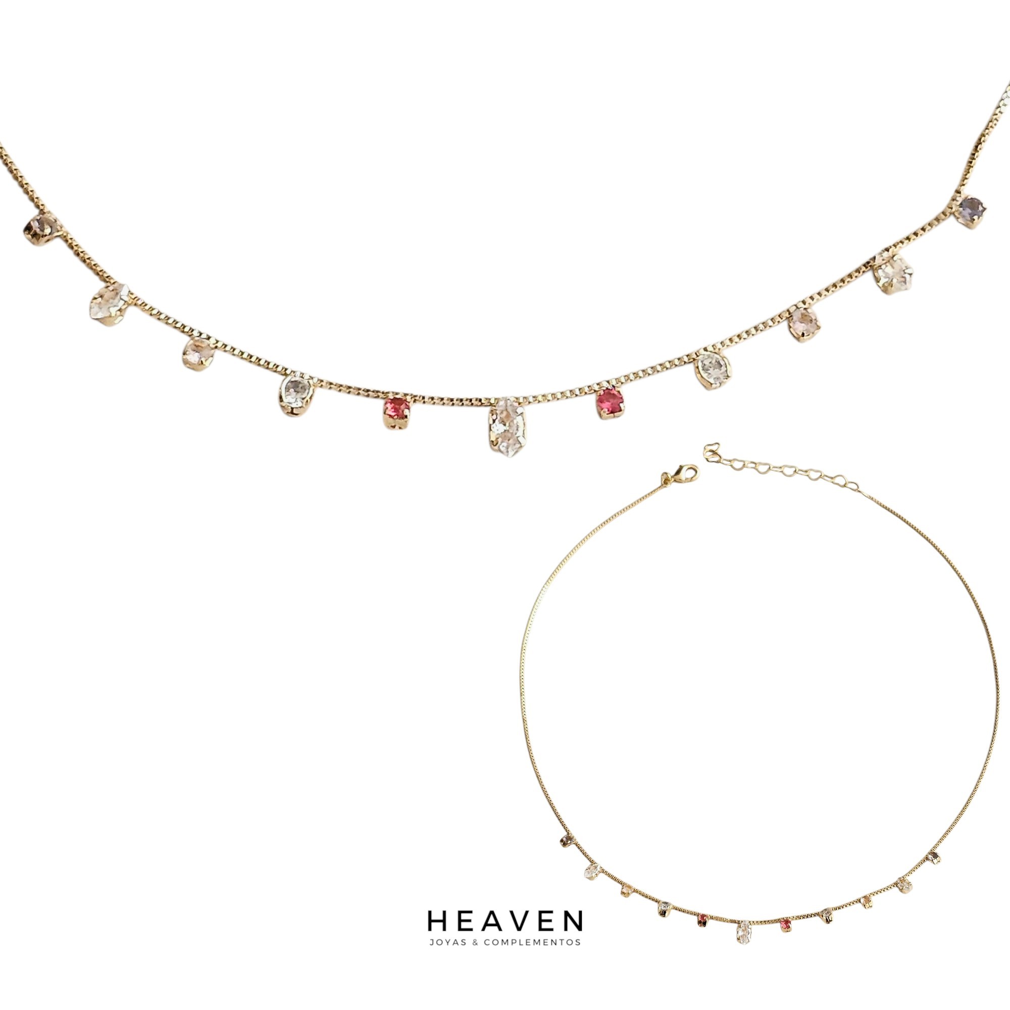 Choker enchapado en oro. Zirconias blancas y fucsia