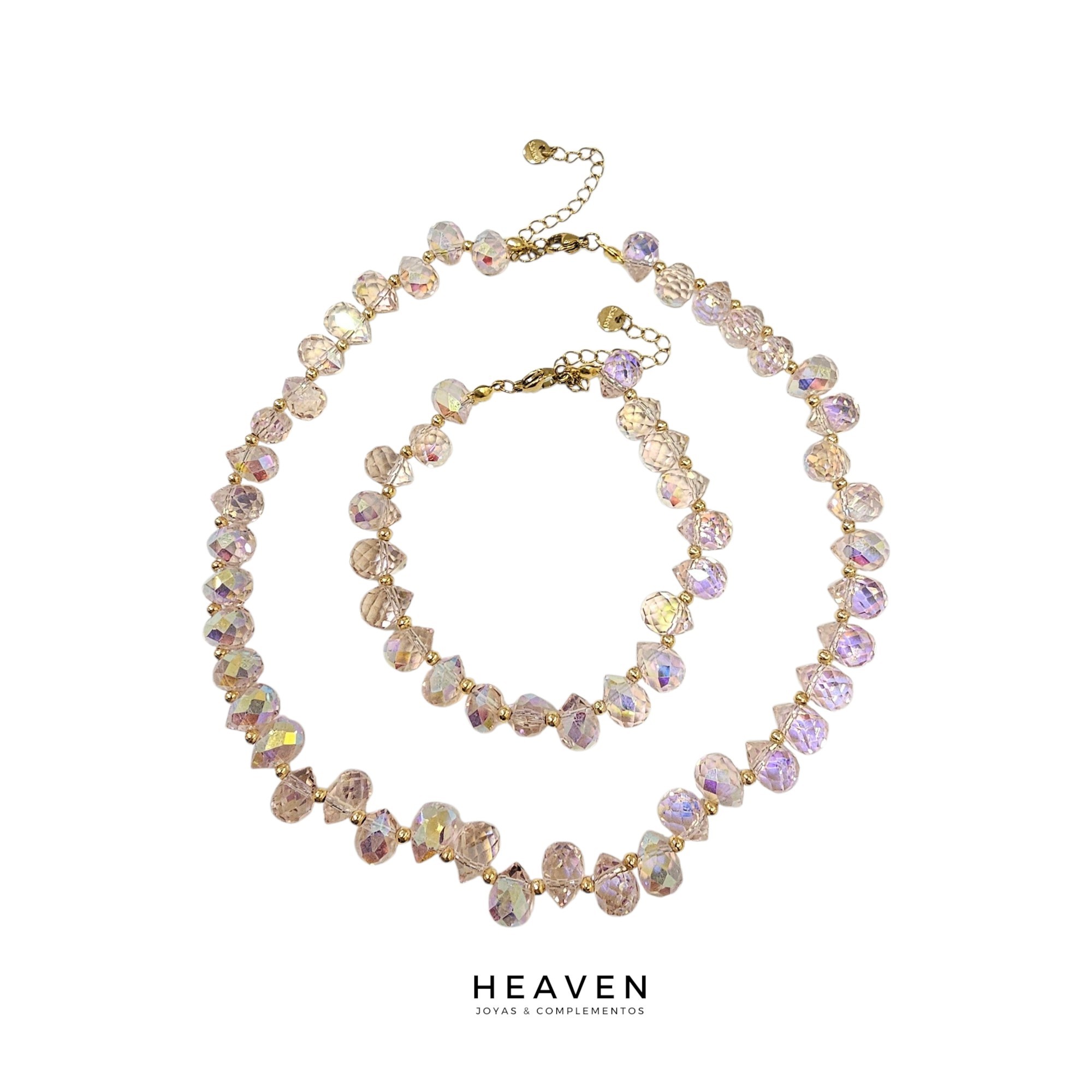 Juego de pulsera y collar rosa. Esferas de acero
