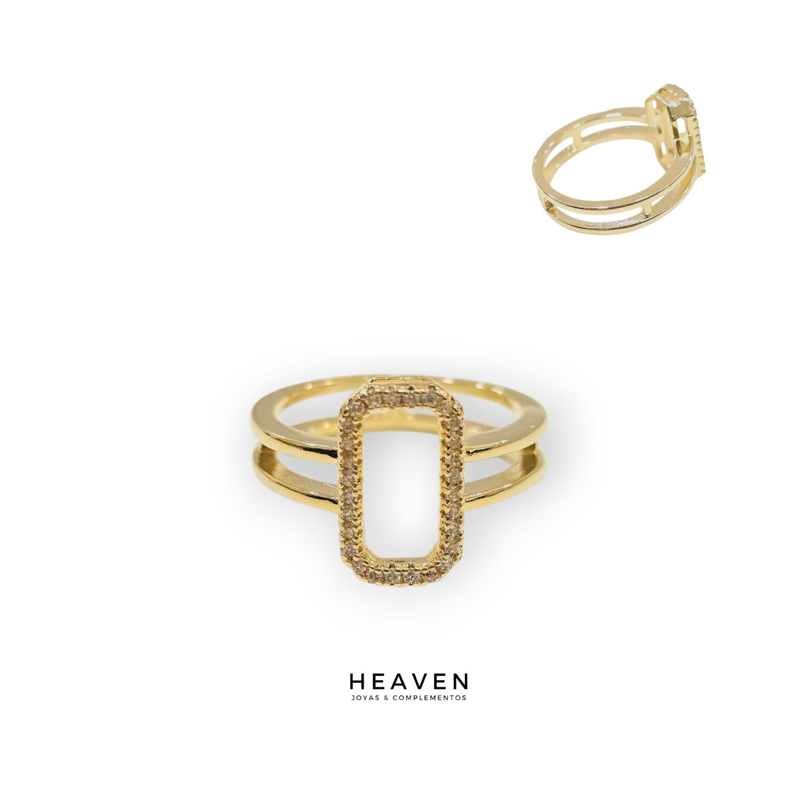 Anillo en enchapado en oro. Diseño rectangular con piedras