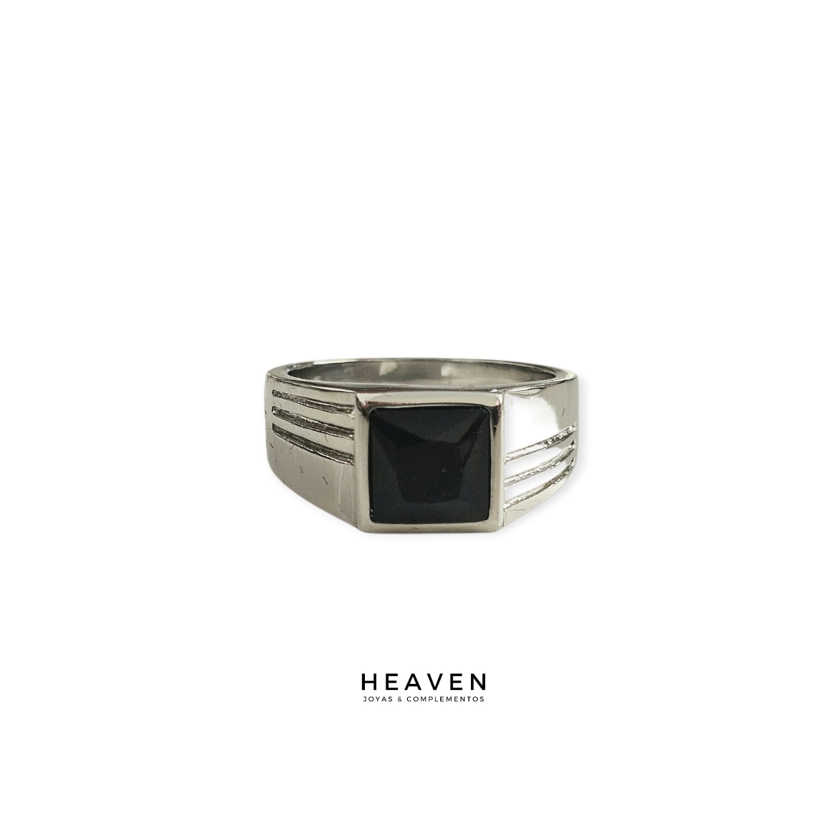 Anillo en acero. Piedra negra cuadrada