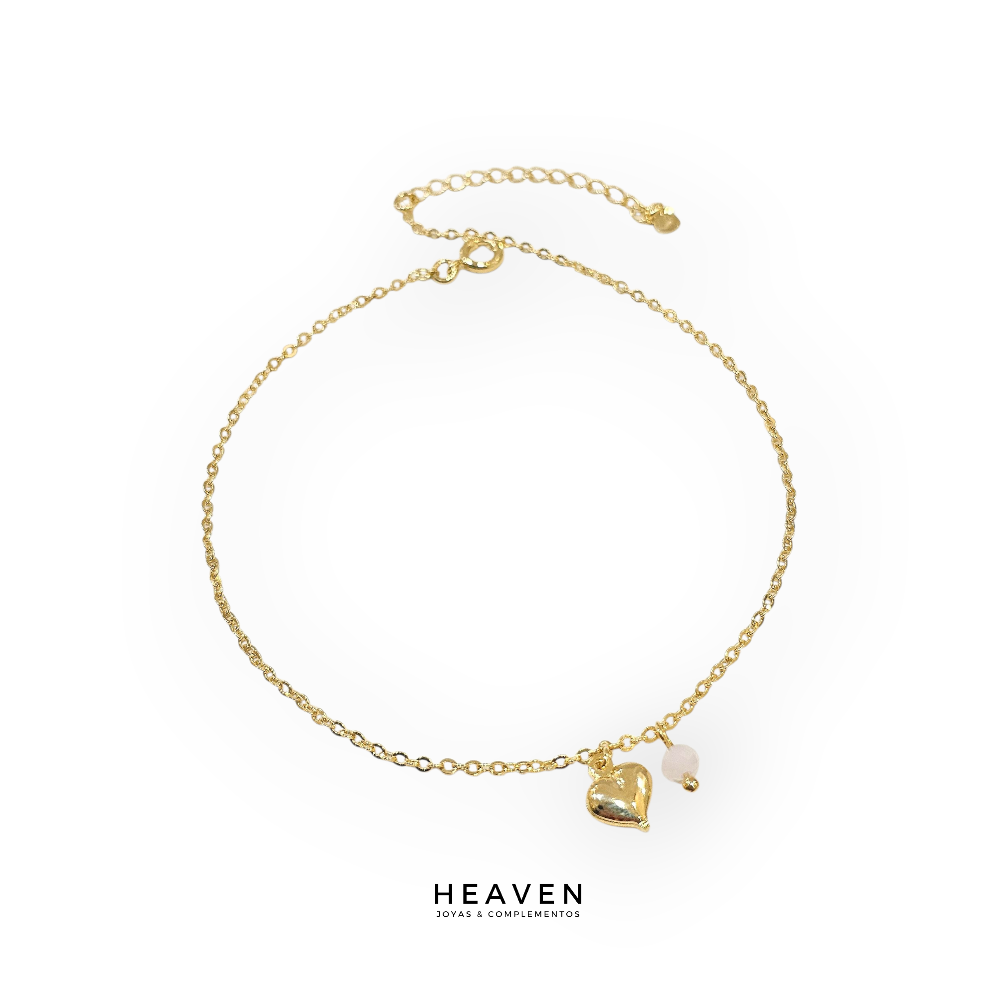 Tobillera enchapada en oro. Dije corazón y piedra rosa