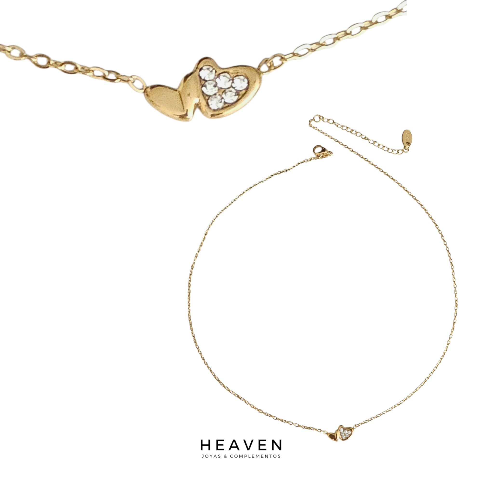 Cadena en acero con corazón doble.  Zirconias blancas